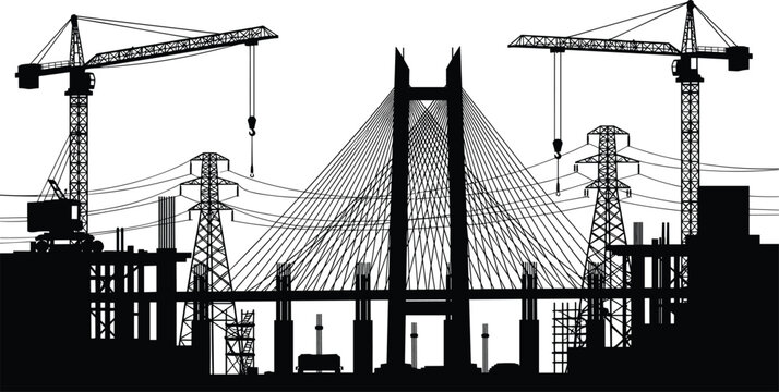Industrial bridge construction site silhouette with tower cranes power line pylons and suspension structures isolated on white background for urban infrastructure