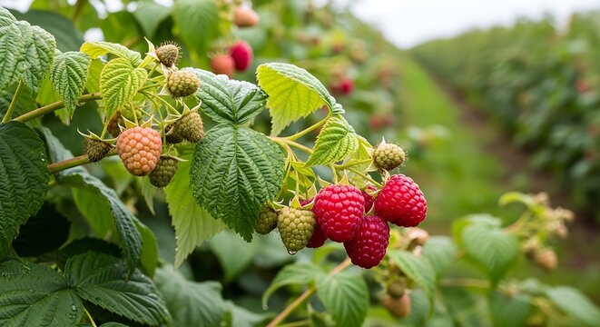 Close up of ripe raspberries on branches with green leaves