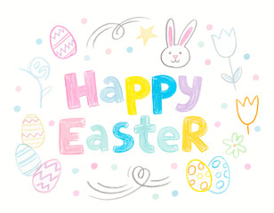 Obraz premium A cheerful and colorful illustration wishing a Happy Easter with decorative elements like Easter eggs, a bunny, and flowers. Happy easter text typography vector.