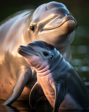 Irrawaddy Dolphin Mother and Calf, Tender Wildlife Portrait