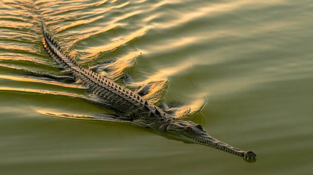 Gharial Basking in Golden Sunlight - Endangered Reptile in Natural Habitat