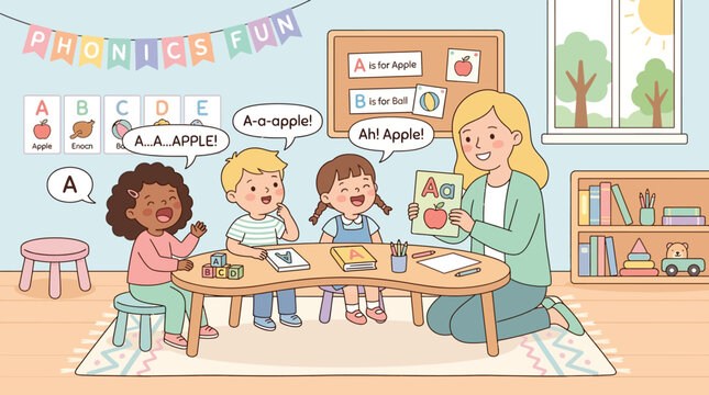 Diverse preschool children learning phonics with teacher in classroom