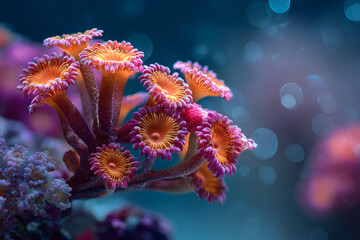 Fototapeta premium Vibrant coral reef with pink and orange hues underwater.