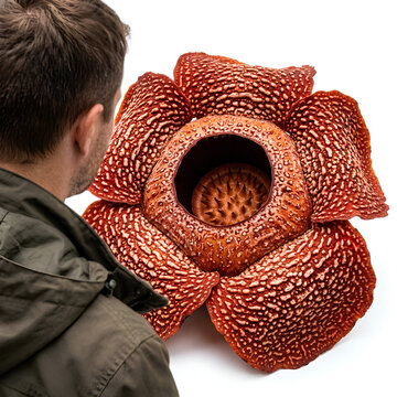 Man gazes at the worlds largest flower Rafflesia arnoldii up close.