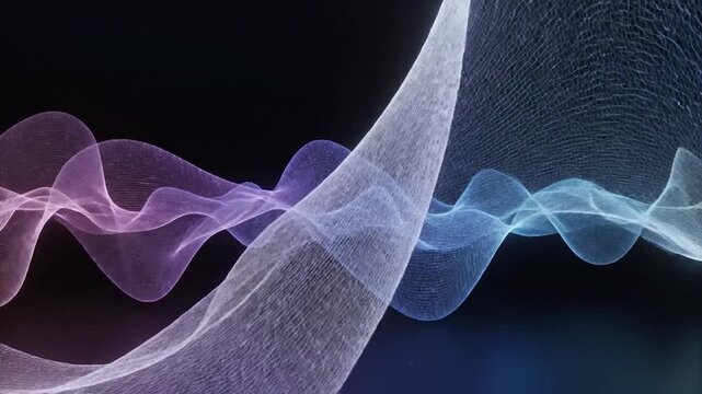 An abstract digital background featuring glowing purple and blue light waves forming a complex geometric mesh structure in dark space