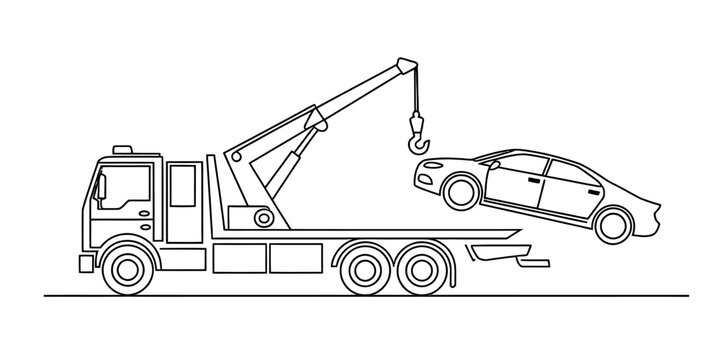 A simple black and white line drawing of a tow truck lifting a small car for coloring activities Vector, illustration