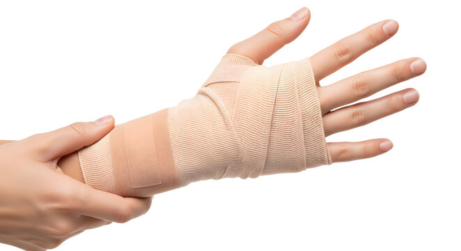 Close up of bandaged hand with wrap.