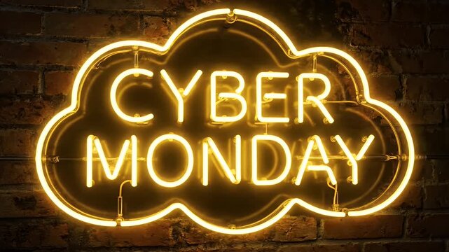 A bright yellow neon sign shaped like a cloud displays the text cyber monday to advertise a seasonal online sale