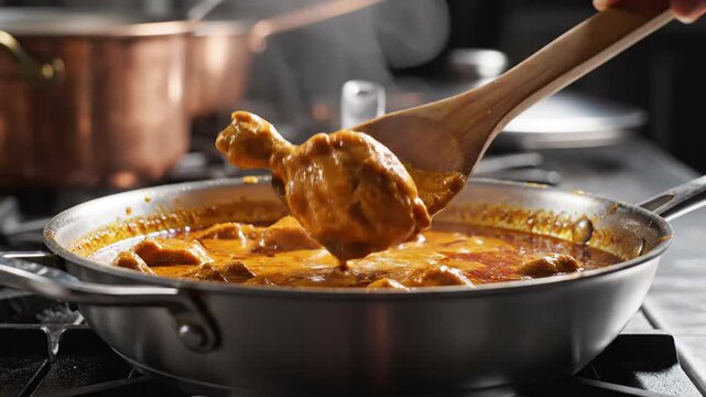 Indian butter chicken leg piece lifted from a simmering sauce in a kitchen pan, highlighting traditional north indian culinary preparation.