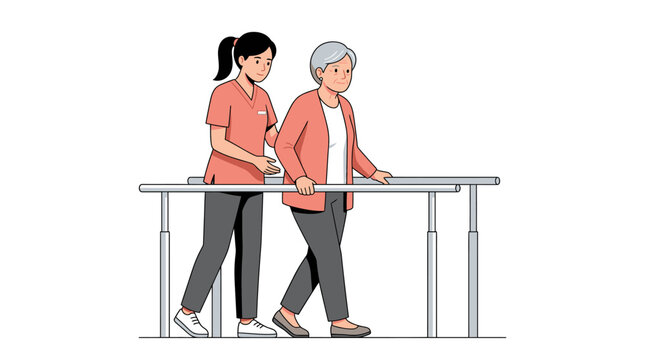 Elderly Woman in Physical Therapy Practicing Walking with Parallel Bars and Caregiver Assistance Vector Illustration