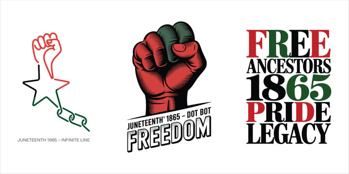 Juneteenth 1865 raised fist symbols star chain text graphics freedom clenched fist