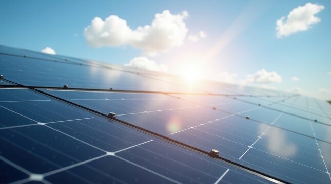 Rows of solar panels with sun shining through blue sky solar energy renewable