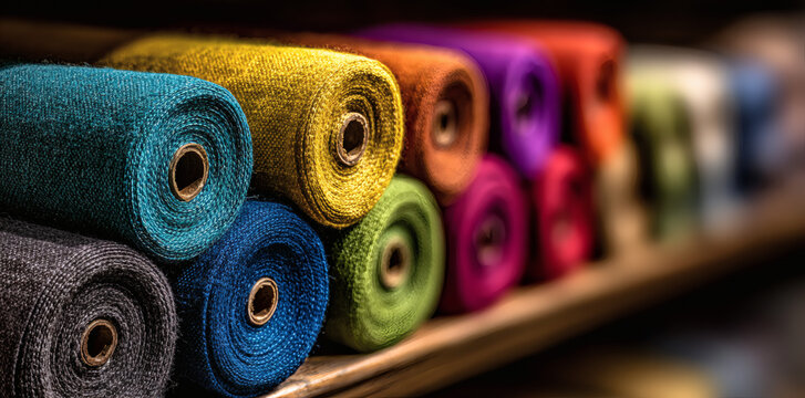 Colorful rolls of fabric on a shelf.