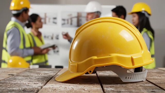 Yellow hard hat on wooden table with construction team discussing plans in the blurred background.