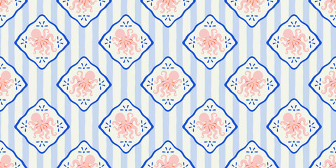 Stoffe zum Nähen Octopus animal seamless pattern. Summer background drawing design. Beach vacation travel concept. Mosaic tile hand drawn backdrop illustration.