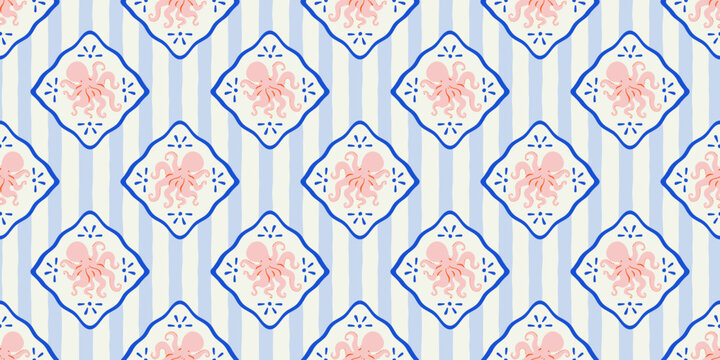 Octopus animal seamless pattern. Summer background drawing design. Beach vacation travel concept. Mosaic tile hand drawn backdrop illustration.