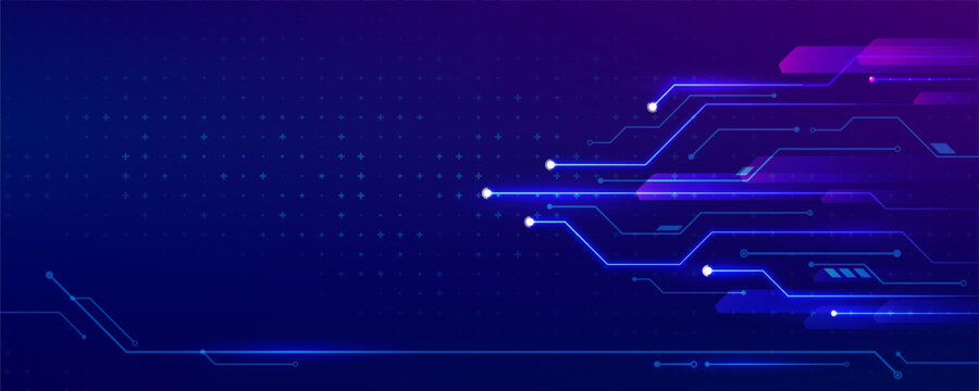 Futuristic blue circuit board technology background with glowing digital nodes