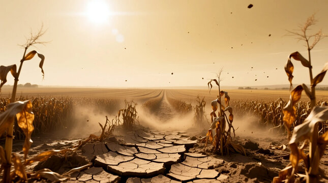 Severe global warming impacting collapsing farmland drought-cracked soil dead crops in arid field highlighting food security sustainability crisis