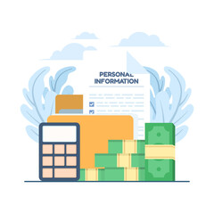 Naklejka premium Digital illustration of personal income tax concept with calculator and personal information. Perfect for finance, taxation, digital marketing, and accounting education projects. flat design.