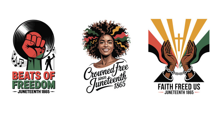 Juneteenth celebration graphics with diverse imagery and text freedom emancipation