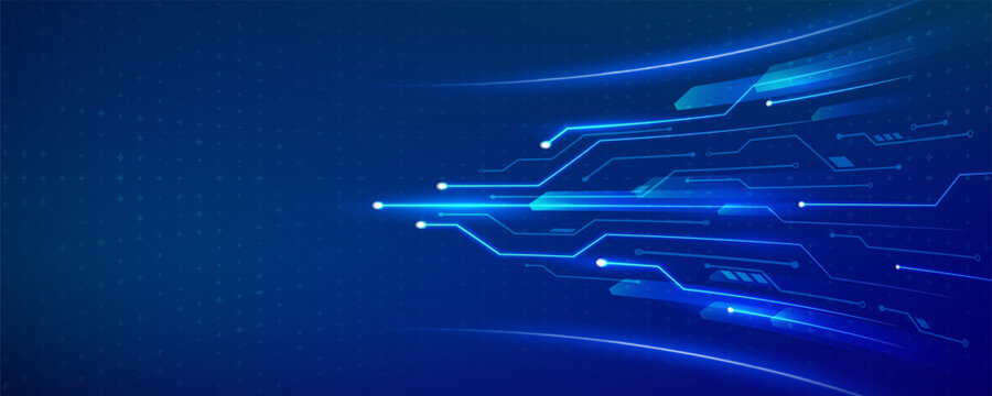 Futuristic blue digital data circuit on dark gradient background