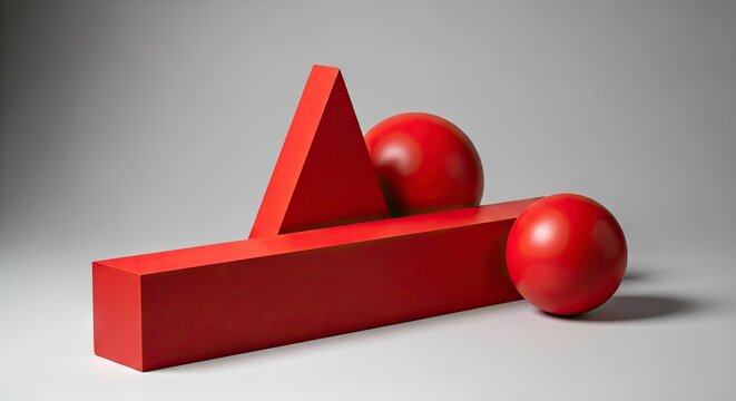 A red geometric sculpture with spheres on a gray background