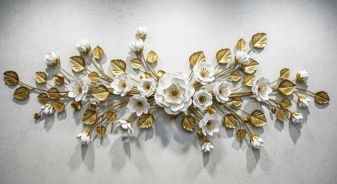 A beautiful floral arrangement with white and gold flowers on a wall