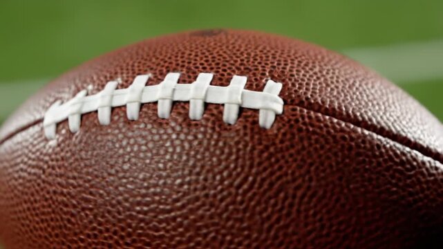 Macro shot of a brown textured oval ball with white laces on green turf