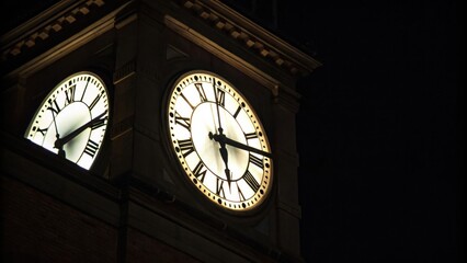 Fototapeta premium Clock tower showing the time as 11:05 at night with illuminated clock faces against a dark sky.