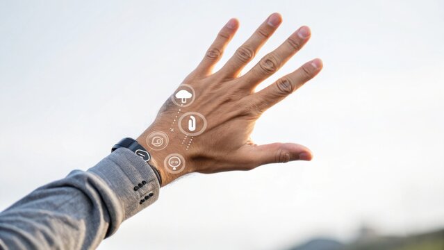 A hand extended with digital health and technology icons projected around the wrist, symbolizing wearable tech and smart health monitoring.