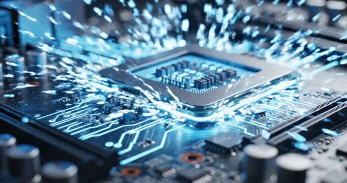 Close-up of a glowing microchip on a circuit board showcasing intricate electronic connections