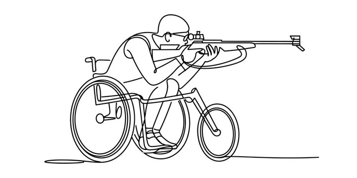 A single continuous line drawing of a paralympic athlete using a wheelchair to compete in shooting Vector, illustration