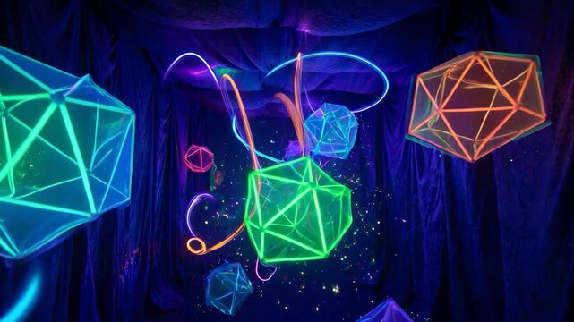 glowing neon geometric polyhedrons with swirling light trails in deep space. perfect for futuristic sci-fi backgrounds, motion graphics, and tech visuals