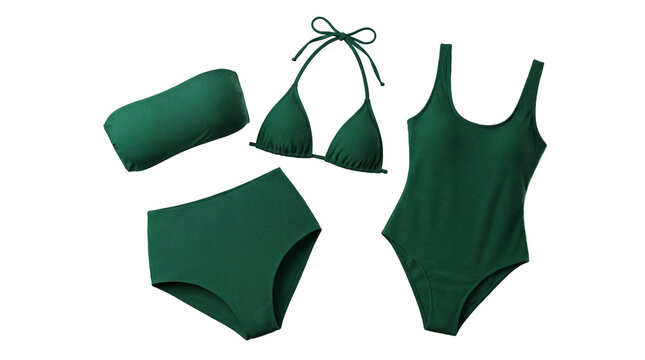 Assortment of dark green ribbed swimwear, including bikini tops, a high-waisted bottom, and a one-piece.