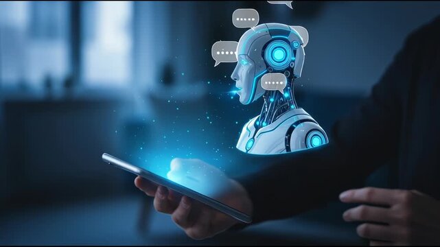 Futuristic AI Robot Hologram Emanating from Smartphone in Dark Room