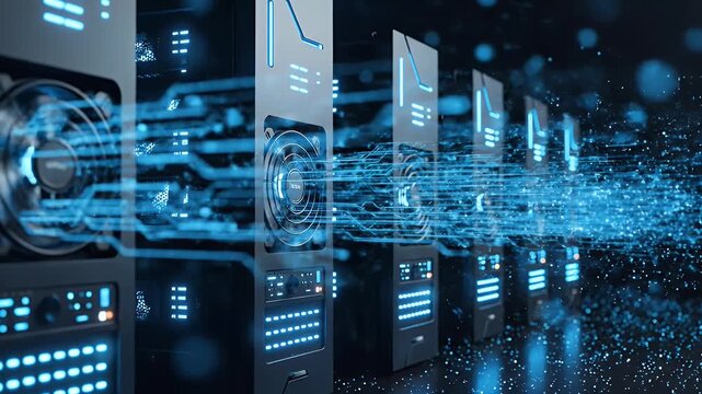 A futuristic rendering showcases a row of server racks illuminated by vibrant blue data streams, symbolizing the power and complexity of modern data centers.