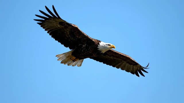 Majestic bald eagle in flight against a clear, blue sky