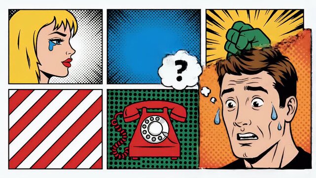 A vibrant comic book panel layout features a distressed female character and a dynamic 'Kaboom!' explosion, set against a halftone background.