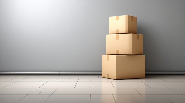 Stacked cardboard boxes in a minimalistic room setting with gray wall and tiled floor, perfect for illustrating storage, moving, or organization concepts