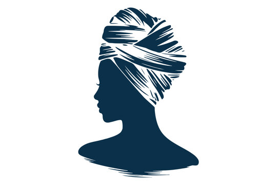 Silhouette of a woman with a detailed blue and white headscarf