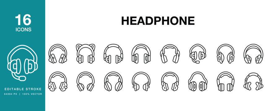 Headphone icon set. Includes headphone, audio, sound, music, headset, listening and More. Editable Stroke Icon Collection.