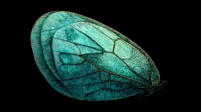 a sea green butterfly wing with delicate textures, set against a deep black background for contrast. 