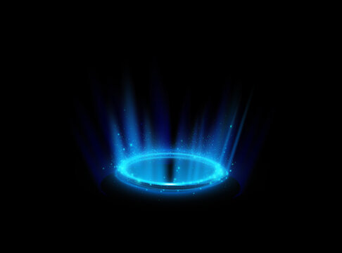 Circular portals, teleport, hologram gadget. Futuristic teleport. Projector HUD or podium for magic circle teleportation. Set of circle holograms. podium light effect.