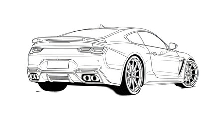 Fototapeta premium Sleek modern sports car coupe with quad taillights, rear spoiler, alloy wheels, dual exhaust, depicted from a dynamic rear three-quarter angle on a transparent background with copy space, black and
