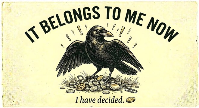 It Belongs to Me Now Crow Hoarding Shiny Objects Funny Illustration