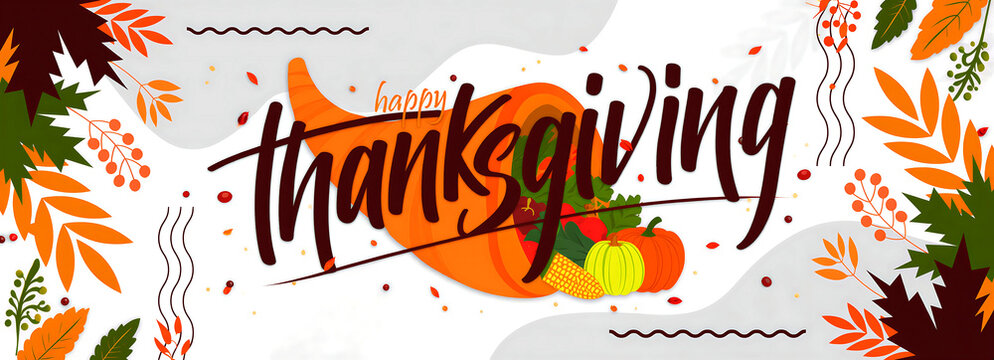 Happy thanksgiving greeting card with cornucopia vegetables and autumn leaves illustration design