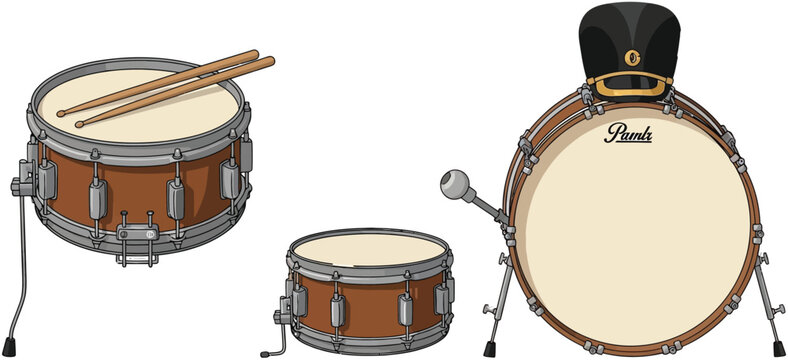 Drums and musical percussion instruments arranged for a performance showcase the rhythmic energy of a professional ensemble.