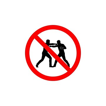 Warning sign indicating strict prohibition against fighting, brawling, or physical altercations. A universal graphic symbol promoting peace, safety, and non-violence in public or designated areas