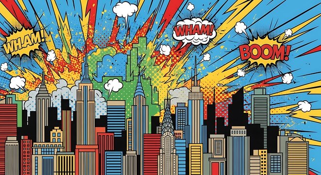 Comic book cityscape illustration with explosions and dynamic pop art elements