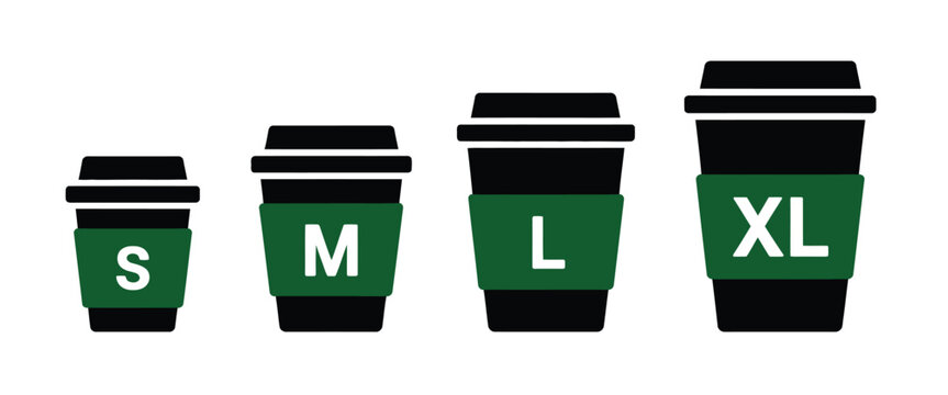 Paper cup icon, drink cup size icon, vector illustration, simple flat design representing beverages, takeout drinks, and portion sizes, ideal for apps, menus, cafes, and digital interfaces.